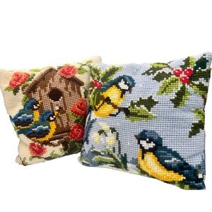 Handmade Needlepoint Birdhouse Blue Bird Decorative Throw Pillow Set